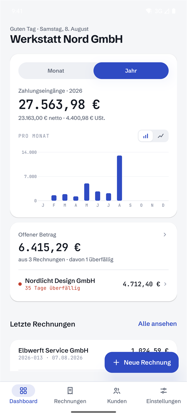 InvoiceWerk dashboard on Android showing incoming payments, open amounts and recent invoices
